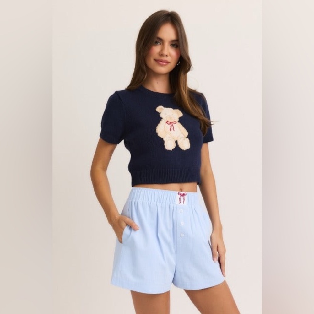 Short Sleeve Crew Neck Teddy Bear Sweater Crop Top - Le Lis - Picture 2 of 7